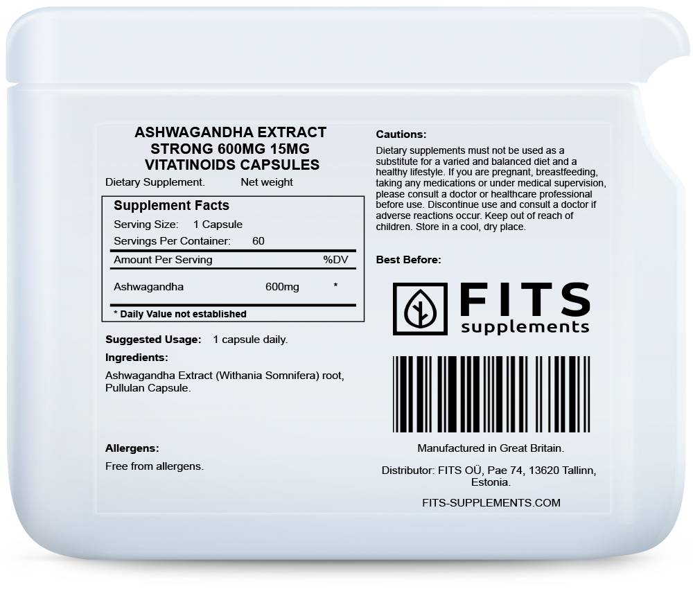 Ashwagandha Extract Strong 600mg 15mg vitatinoids 60 capsules