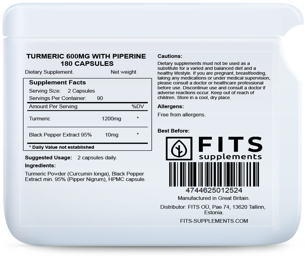 Turmeric 600mg with Piperine 180 capsules